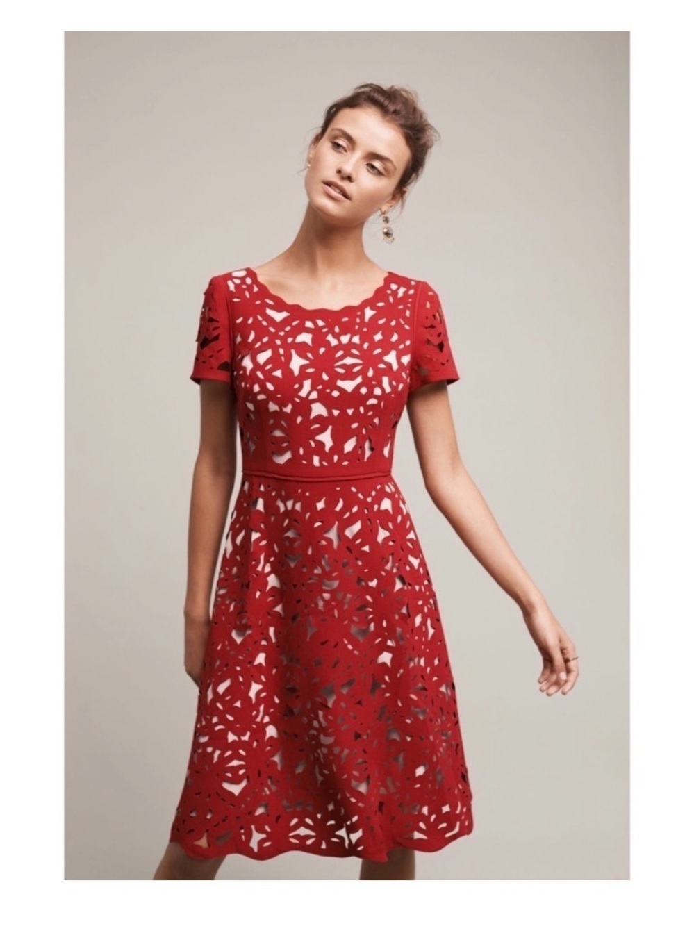Anthropologie Red Laser-Cut Fit-and-Flare Dress